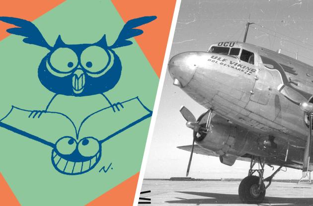 Drawing of owl with book and image airplane