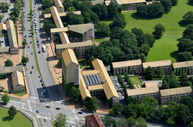 Drone shot of the Royal Danish Library building on Victor Albecks Vej