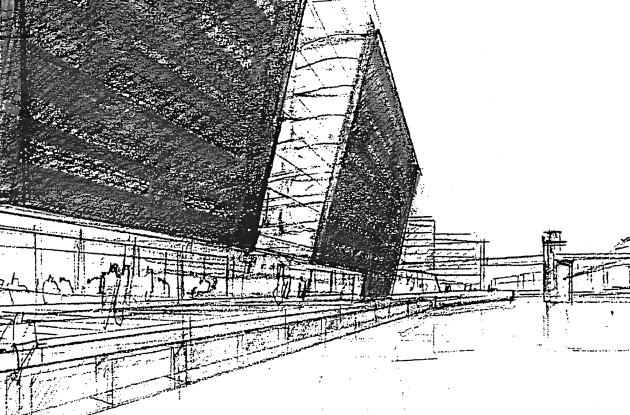 Line drawing of The Black Diamond's facade seen from Knippelsbro.