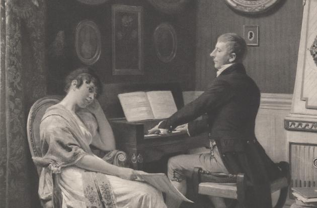 Weyse plays the piano for a young lady who sits in a chair next to the musician.