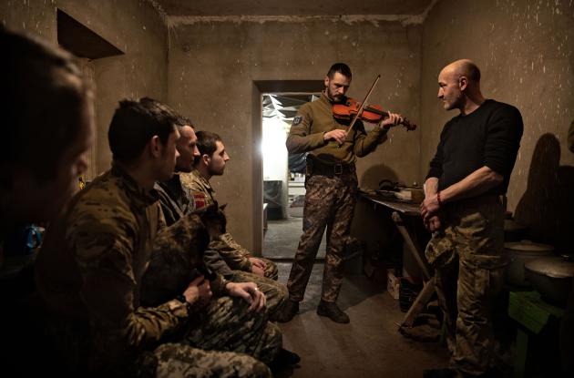 Soldiers in a safe house in Ukraine