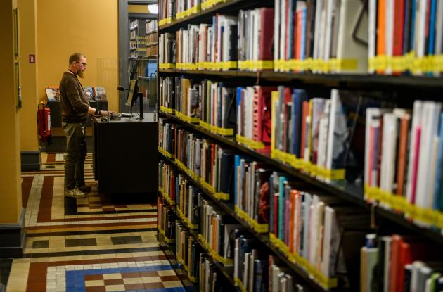 Drop-off desk and library shelves